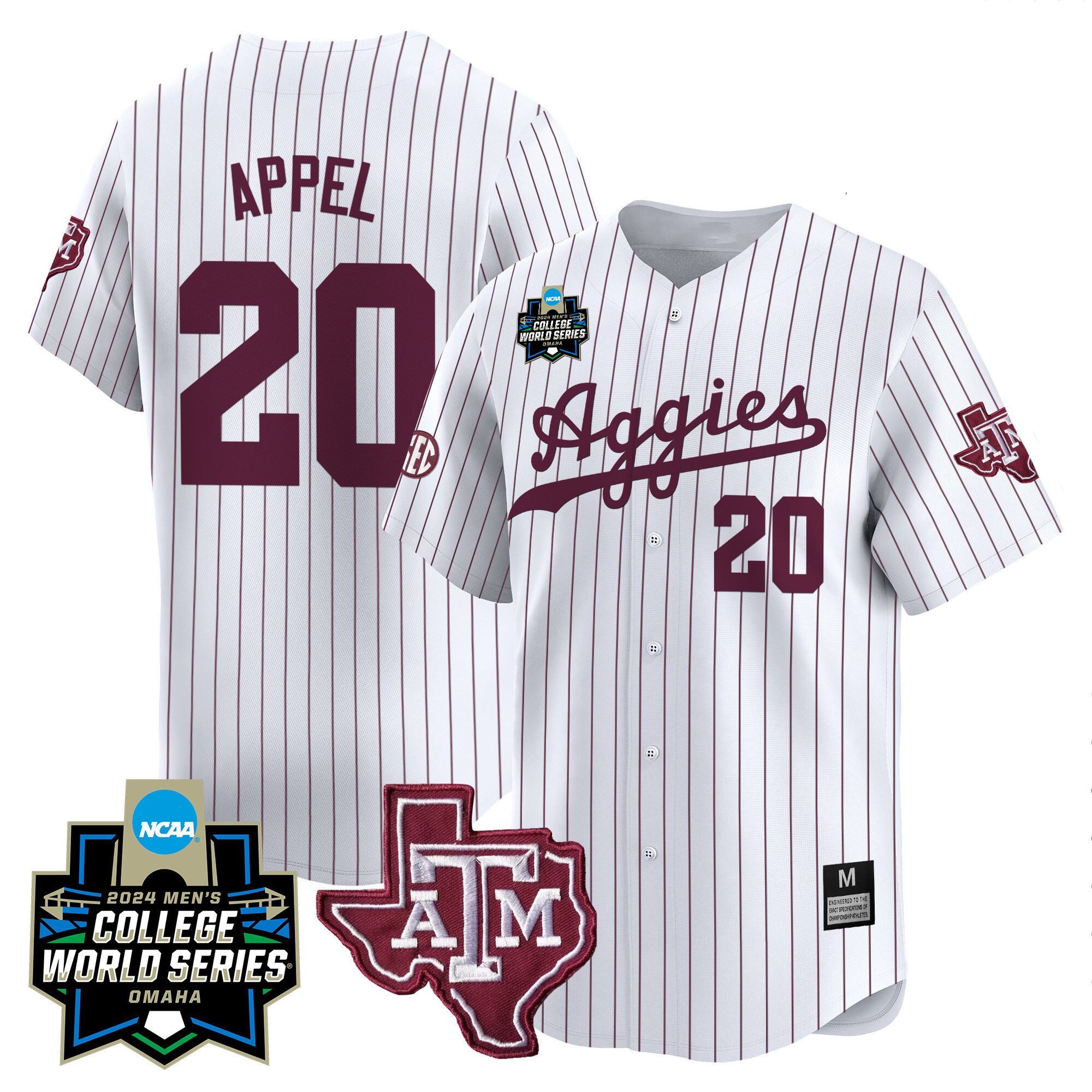 Men Texas A&M Aggies #20 Appel White Stripe 2024 College World Series Vapor Premier Limited NCAA Jersey->indianapolis colts->NFL Jersey